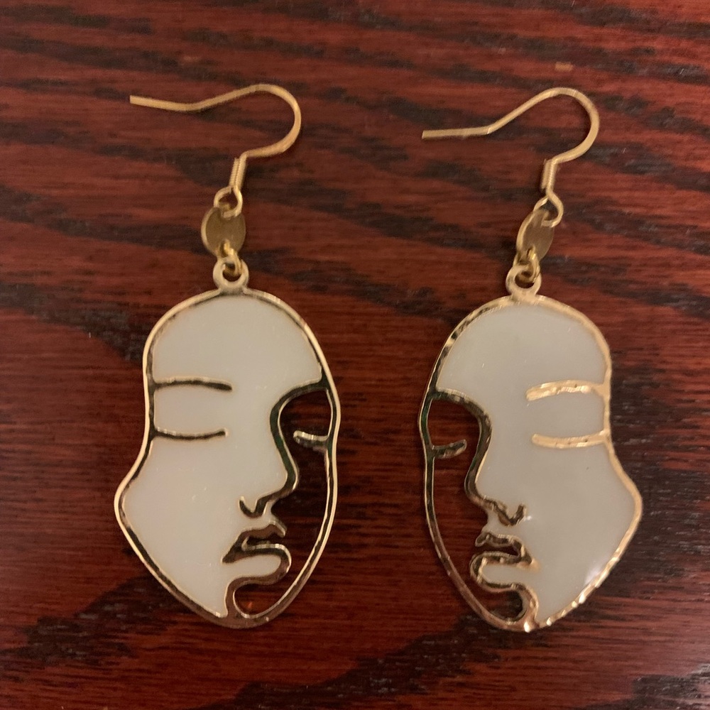 Gold and enamel face drop earrings